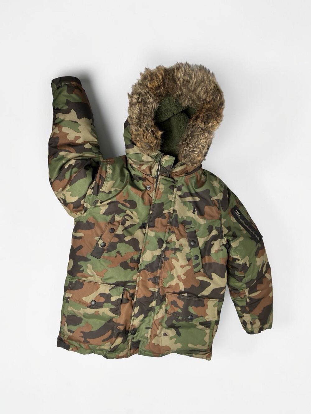 Polo Ralph Lauren Boys M 10-12 Camo Down Parka Faux Fur Hood Winter Coat
